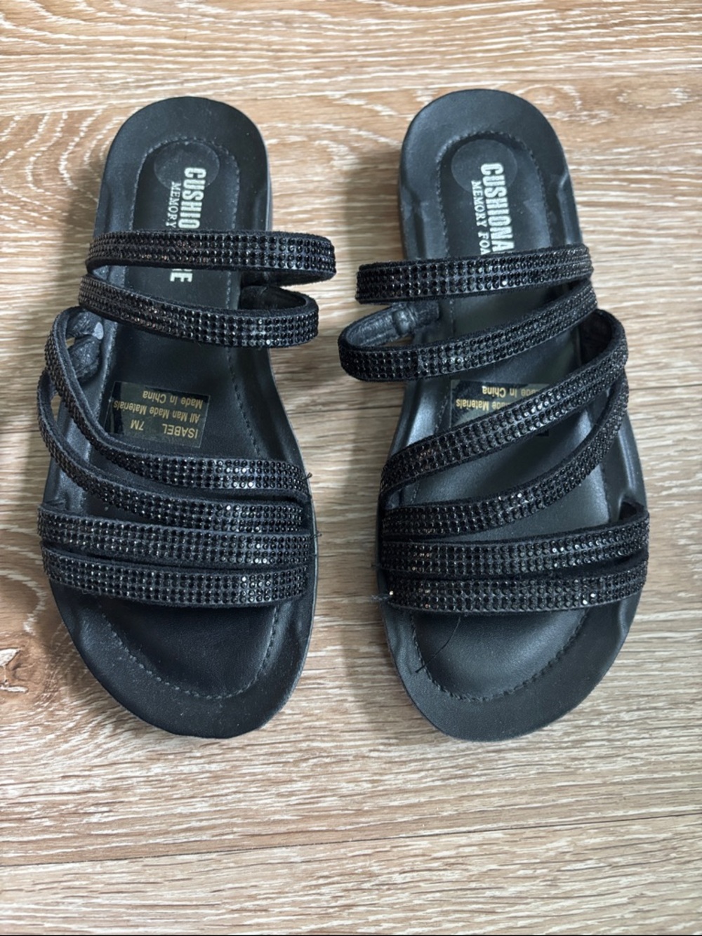Cushionaire Isabel strappy sandals, black w/ rhinestones, size 7, memory foam